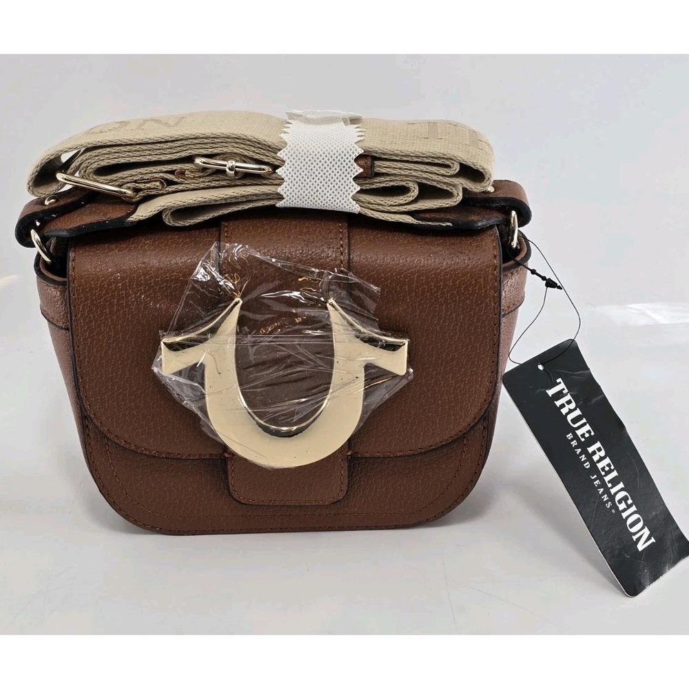 NWT TRUE RELIGION Mini Flap Crossbody bag COGNAC HORSESHOE Purse - Minor flaw